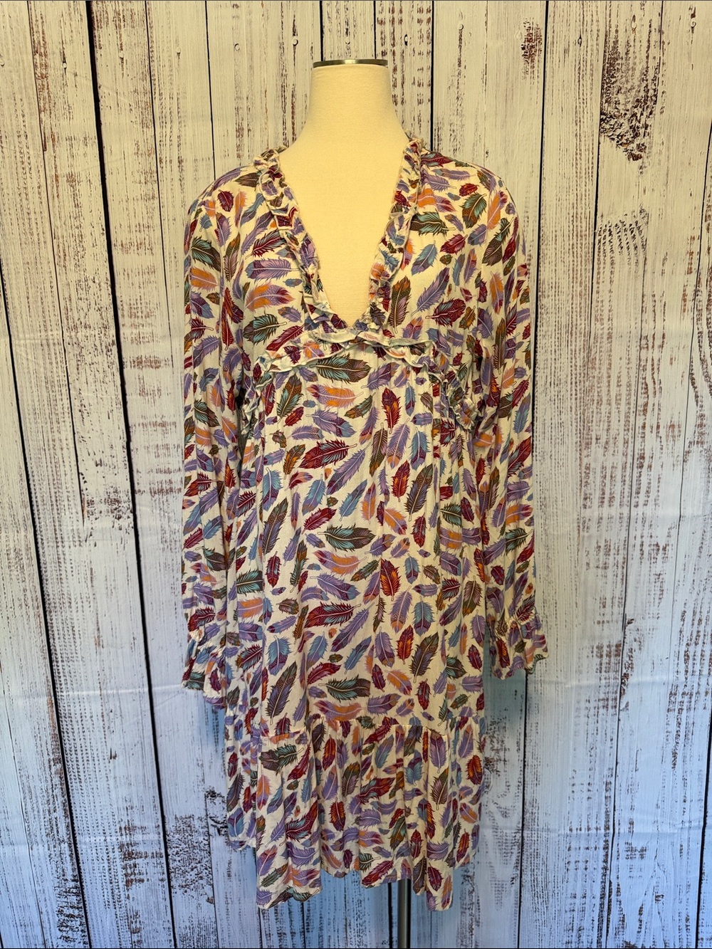 Roper Cream Midi Dress with Multicolor Feather Print